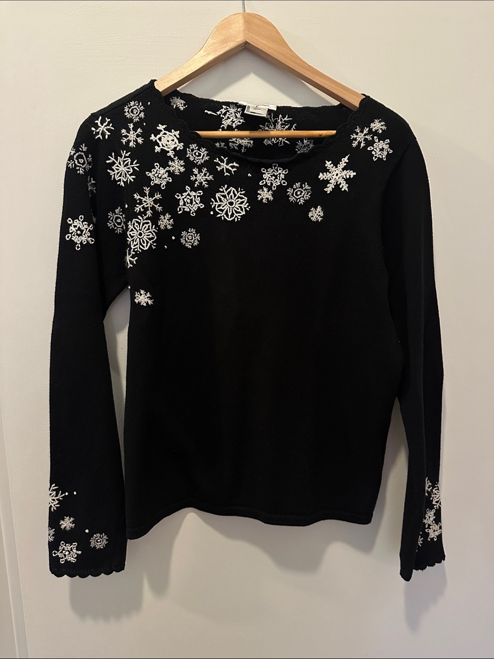 Talbots Black Crewneck Sweater with White Snowflake Motif